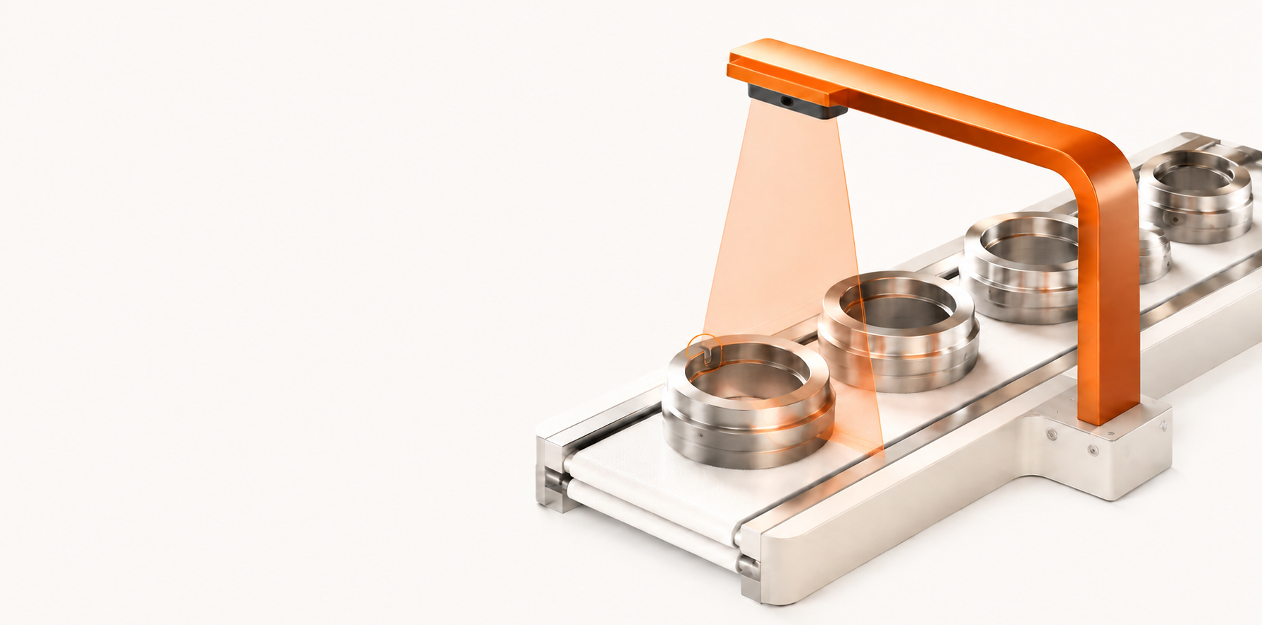 An orange vision inspection scanner detecting a small defect in an industrial component